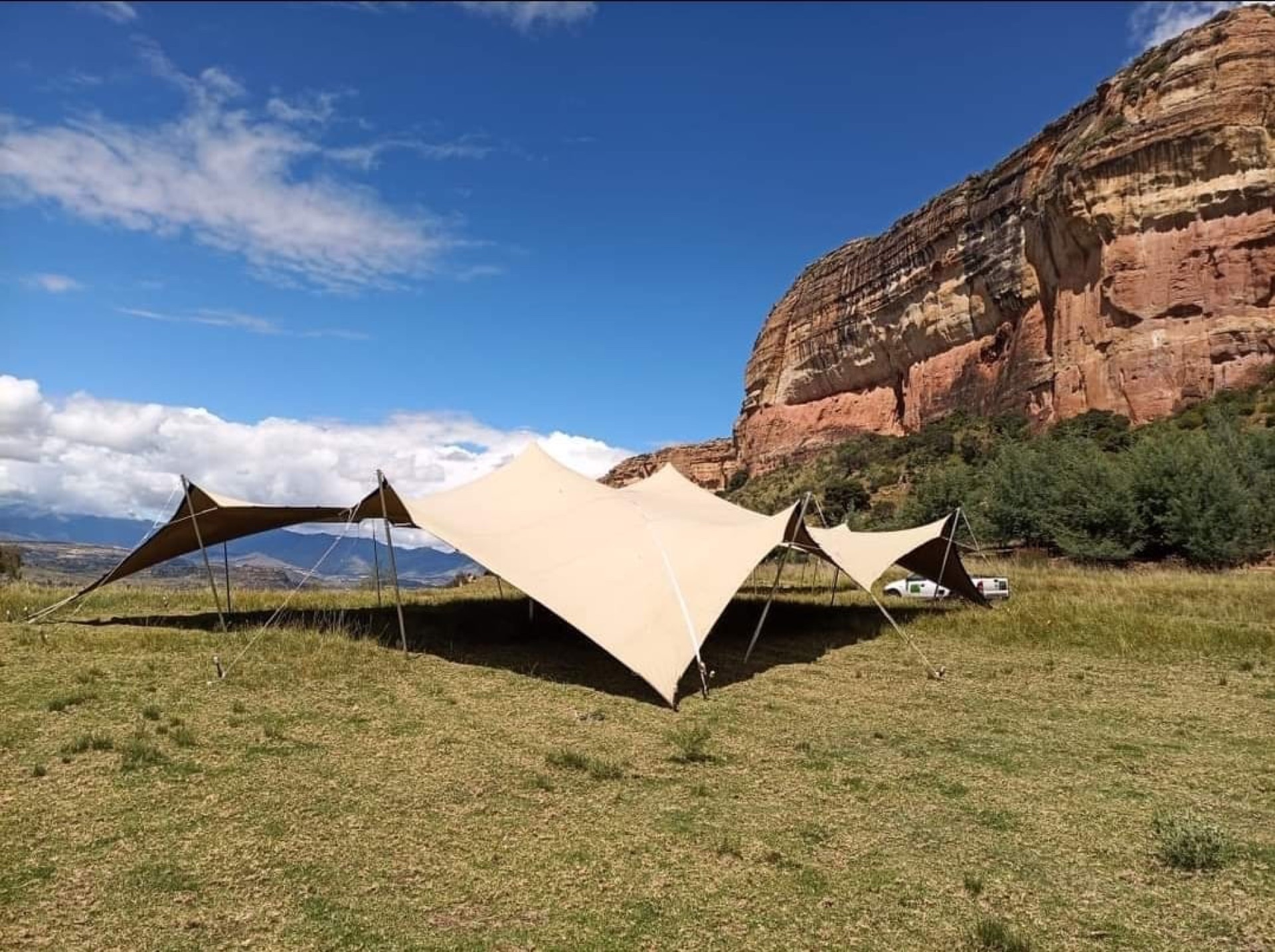 White stretch tent set up outdoors